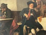 a painting of a man sitting at a table with a dog