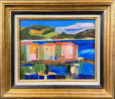 une peinture représentant une peinture d'une petite ville au bord de l'eau