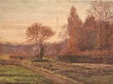 an image of a painting of a field with trees in the background