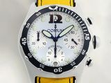 the watch is white and yellow with a black second hand