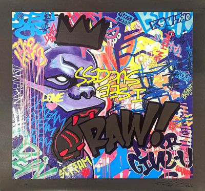 peinture représentant un graffiti surmonté d'une couronne et comportant une couronne dans sa partie inférieure