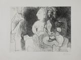 une illustration représentant une femme assise sur une chaise, avec un homme debout à côté d'elle