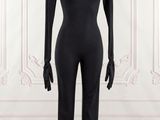 a mannequin in a black bodysuit on a mannequin stand