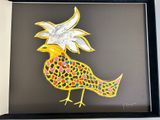 a picture of a picture of a bird with a flower on its head