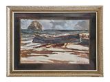 framed oil painting of a boat on a beach with rocks in the background