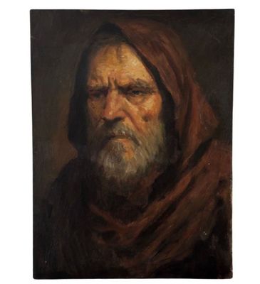 un tableau représentant un vieil homme barbu portant une écharpe rouge