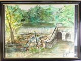 une peinture représentant une peinture d'un pont dans les bois