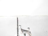 a drawing of a house on the beach with a boat in the water