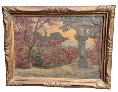 une peinture à l'huile représentant une scène de jardin avec une pagode en arrière-plan