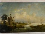 painting of a landscape with a windmill and a body of water in the foreground