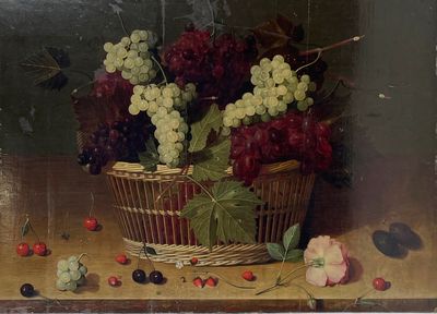 a painting of grapes and cherries in a basket on a table