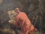 painting of a man in a red coat painting a landscape