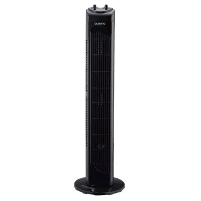 a black tower fan sitting on top of a white surface