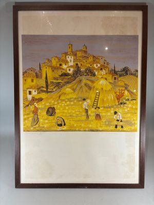 framed picture of a painting of a village with people working in the fields