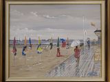 un tableau représentant des personnes se promenant sur la plage avec des parasols