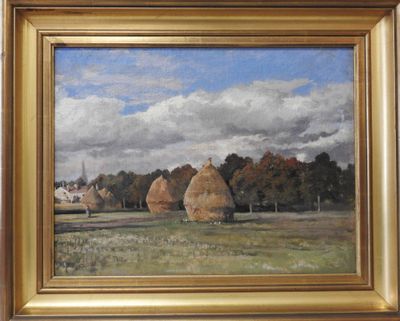 an oil painting of hay bales in a field with a church in the background