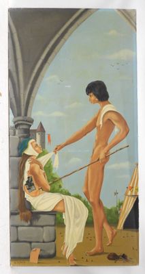 a painting of a man and a woman sitting on a bench
