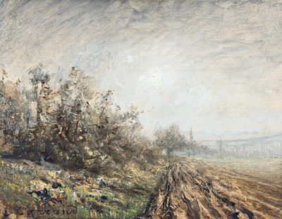 an image of a painting of a plowed field with trees in the background