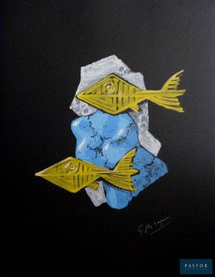une peinture représentant deux poissons jaunes et bleus sur fond noir