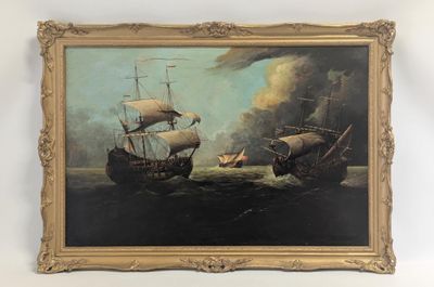 une peinture représentant deux bateaux sur l'eau, avec le ciel en arrière-plan