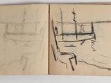 an open book with a drawing of a boat in the water