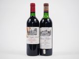 two bottles of red wine sitting next to each other on a white surface