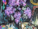 painting of purple flowers in a glass vase on a table