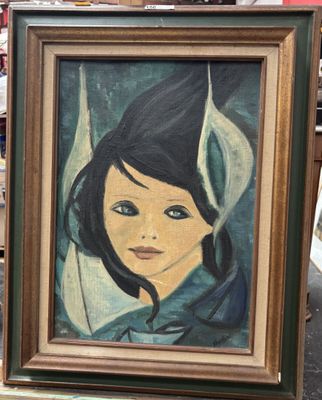 painting of a woman in a blue dress in a green frame
