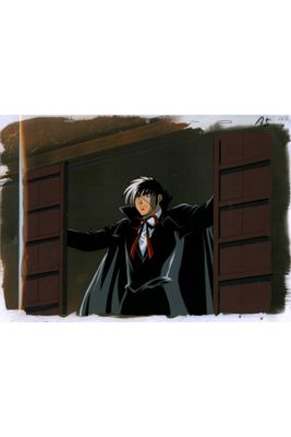 anime scene of a man dressed in a suit and tie standing in a window with his arms outstretched