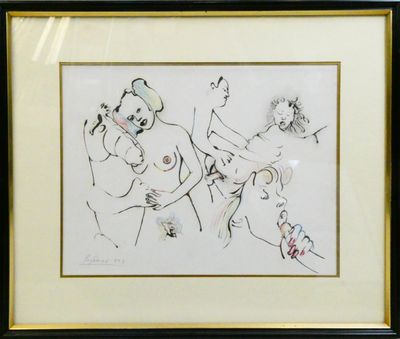 framed and matted drawing of three nudes in a black frame