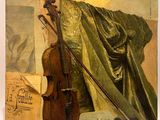 un tableau représentant un violon et une partition posés sur une table