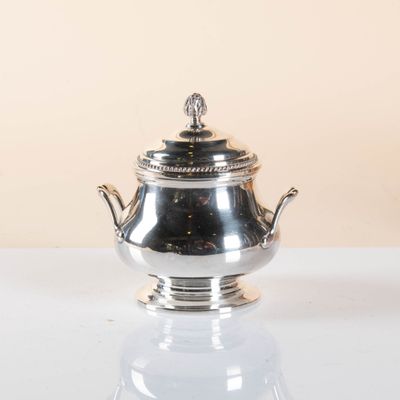 silver plated teapot with lid on stand on white surface