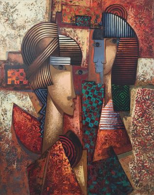 un tableau représentant deux femmes sur fond rouge