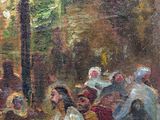 a painting of a group of people sitting on a bench