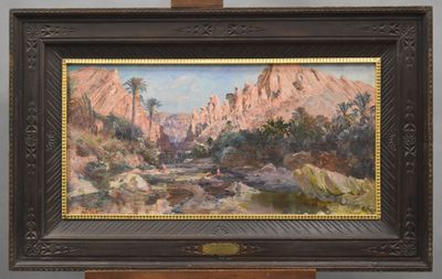 an oil painting of a desert scene with palm trees in the foreground