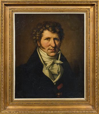 un tableau représentant un homme vêtu d'un manteau noir et d'une écharpe blanche
