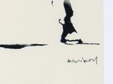 a black and white drawing of a man walking with a kite