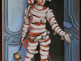 painting of a man dressed in a striped suit and holding a tennis racquet in front of a blue door