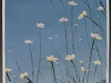 a painting of white flowers on a blue background