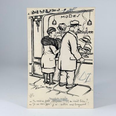 un dessin en noir et blanc représentant un homme et une femme debout devant un magasin