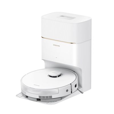 an image of a white robotic vacuum cleaner on a white surface