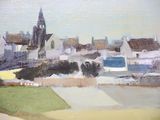 a painting of a view of a town from a hill