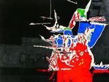 an image of a painting of a ship in a dark room