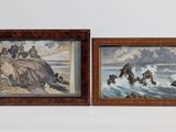 deux tableaux encadrés représentant des rochers sur une plage, avec des vagues qui viennent s'écraser contre eux