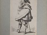 an old drawing of a man with a hat and a shawl