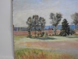 an oil painting of a field with trees and a barn in the distance