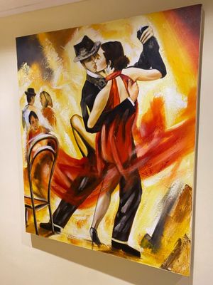 painting of a couple dancing in a ballroom with a horse in the background