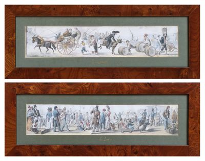 two framed pictures of a horse drawn carriage and a carriage drawn carriage