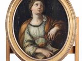 tableau représentant une femme tenant un chat sur un chevalet en bois