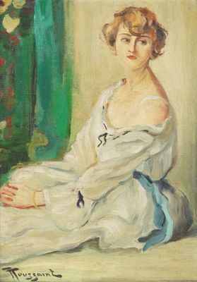 painting of a woman in a white dress sitting in front of a window